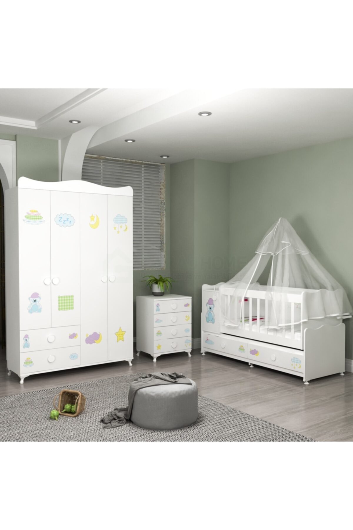 Garaj Home Pırlanta Yıldız 4'lü Uykucu Bebek Odası Takımı Yatak Ve Uyku Seti Kombinli Uyku Seti Pembe