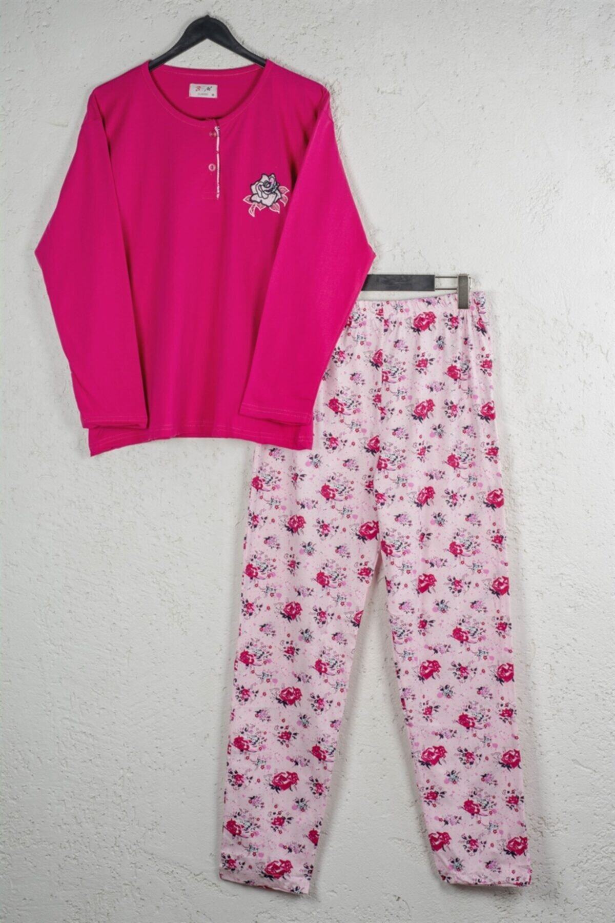 BSM Kadın Pamuklu Fuşya Güllü Uzun Kollu Pijama Takımı