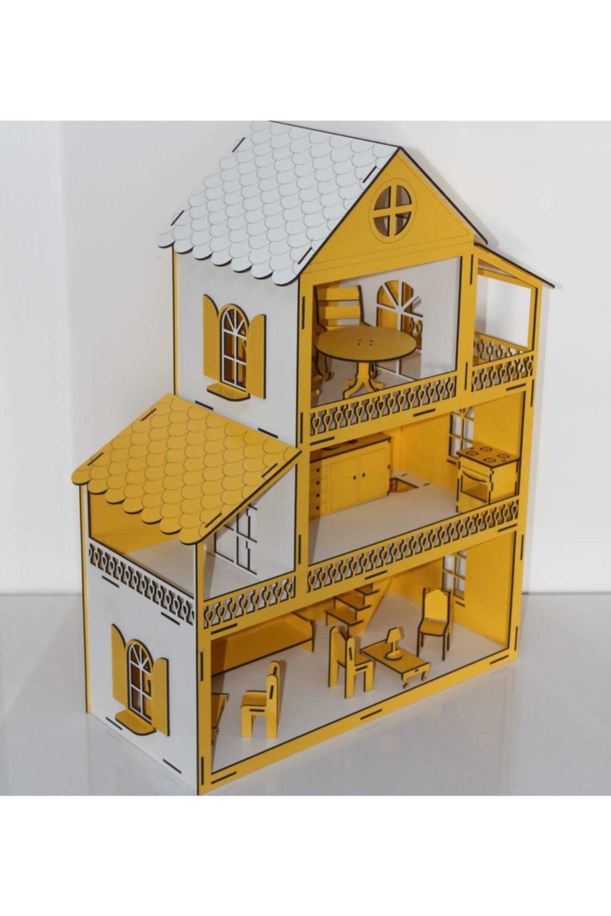 NEFTAHŞAP Özel Tasarım Lazer Kesim Ahşap Sarı Oyun Evi 40x50x40 Cm