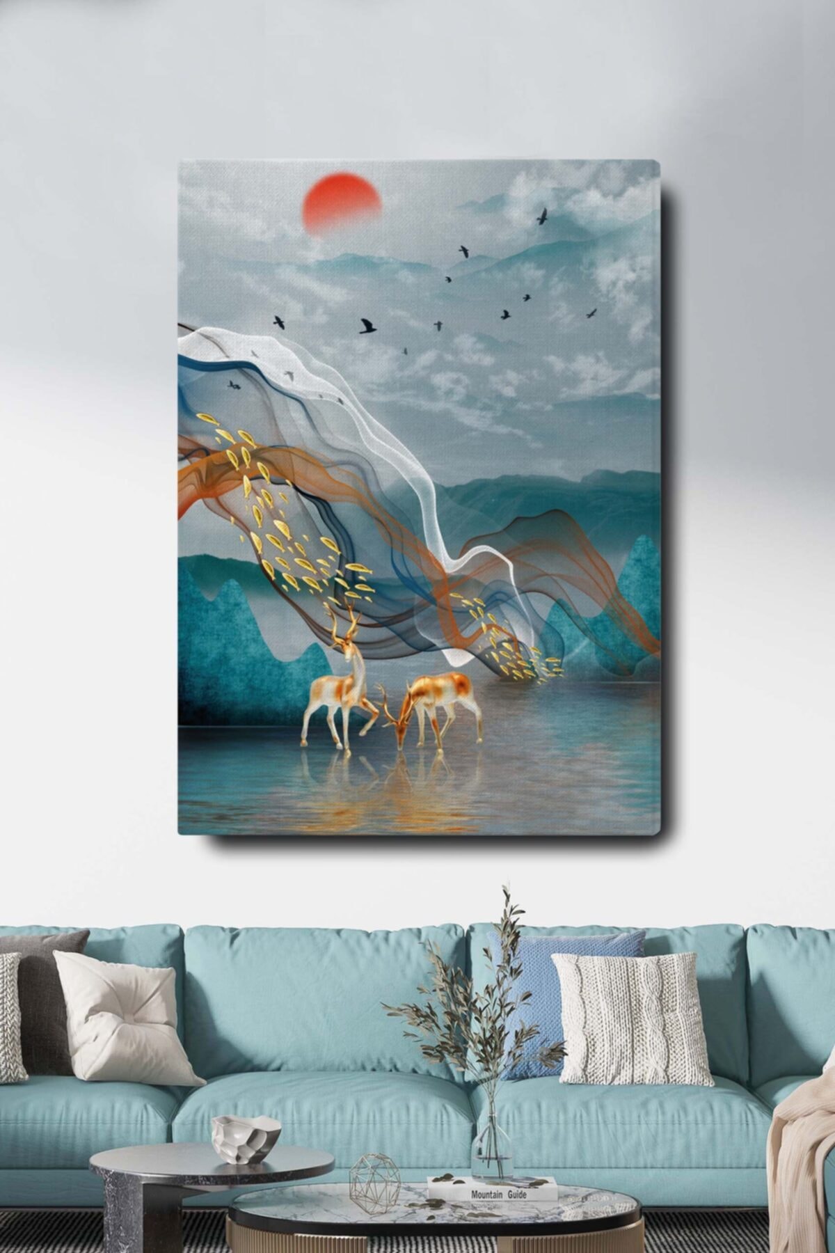 Blok Design Dekoratif Soyut Altın Geyik Uçan Balık Ve Kuşlar Sürreal Kanvas Duvar Tablosu 50x70 Cm