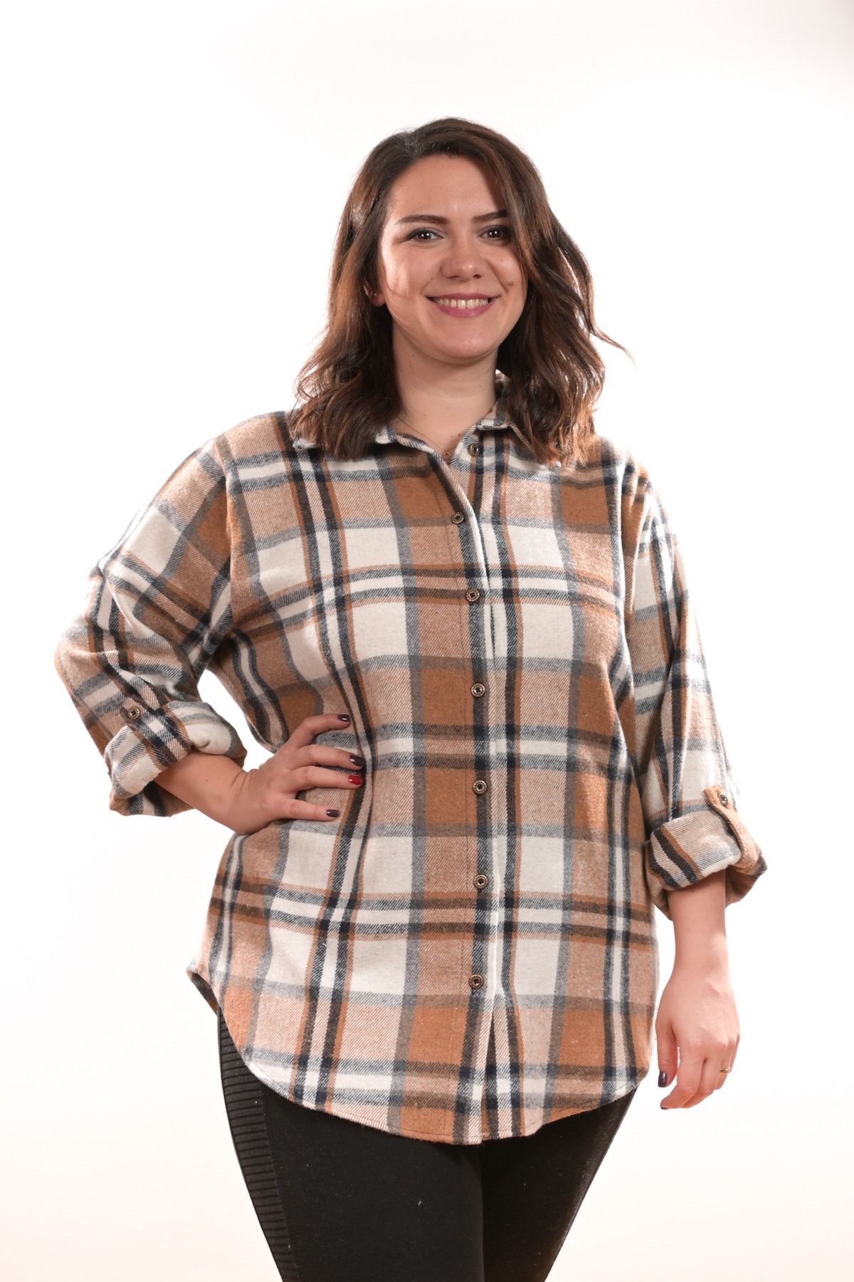 ışıltı fashion Camel Kareli Büyük Beden Oduncu Gömleği