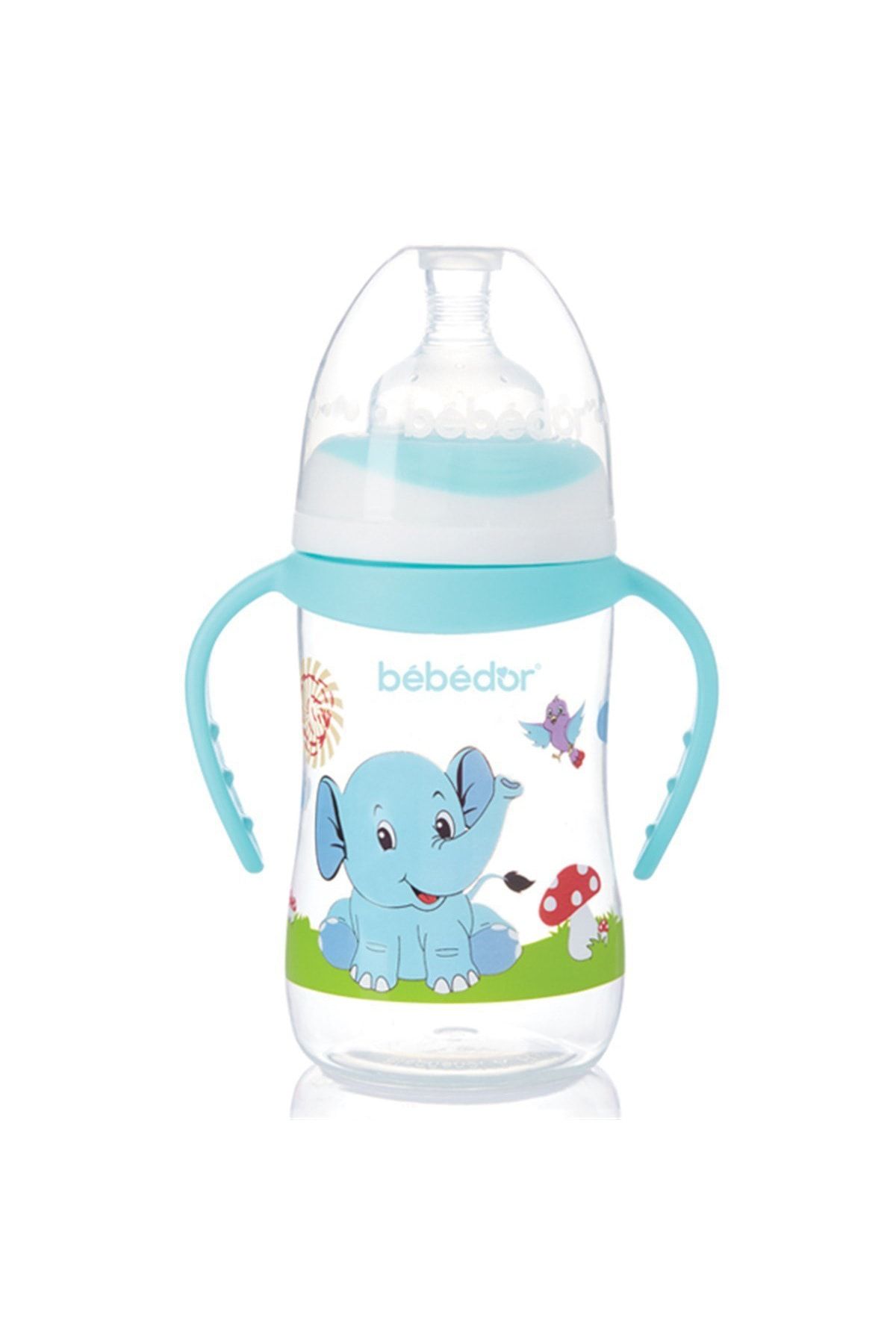 Bebedor B-89322 Desenli Geniş Ağız Kulplu Biberon 250 Ml Turkuaz