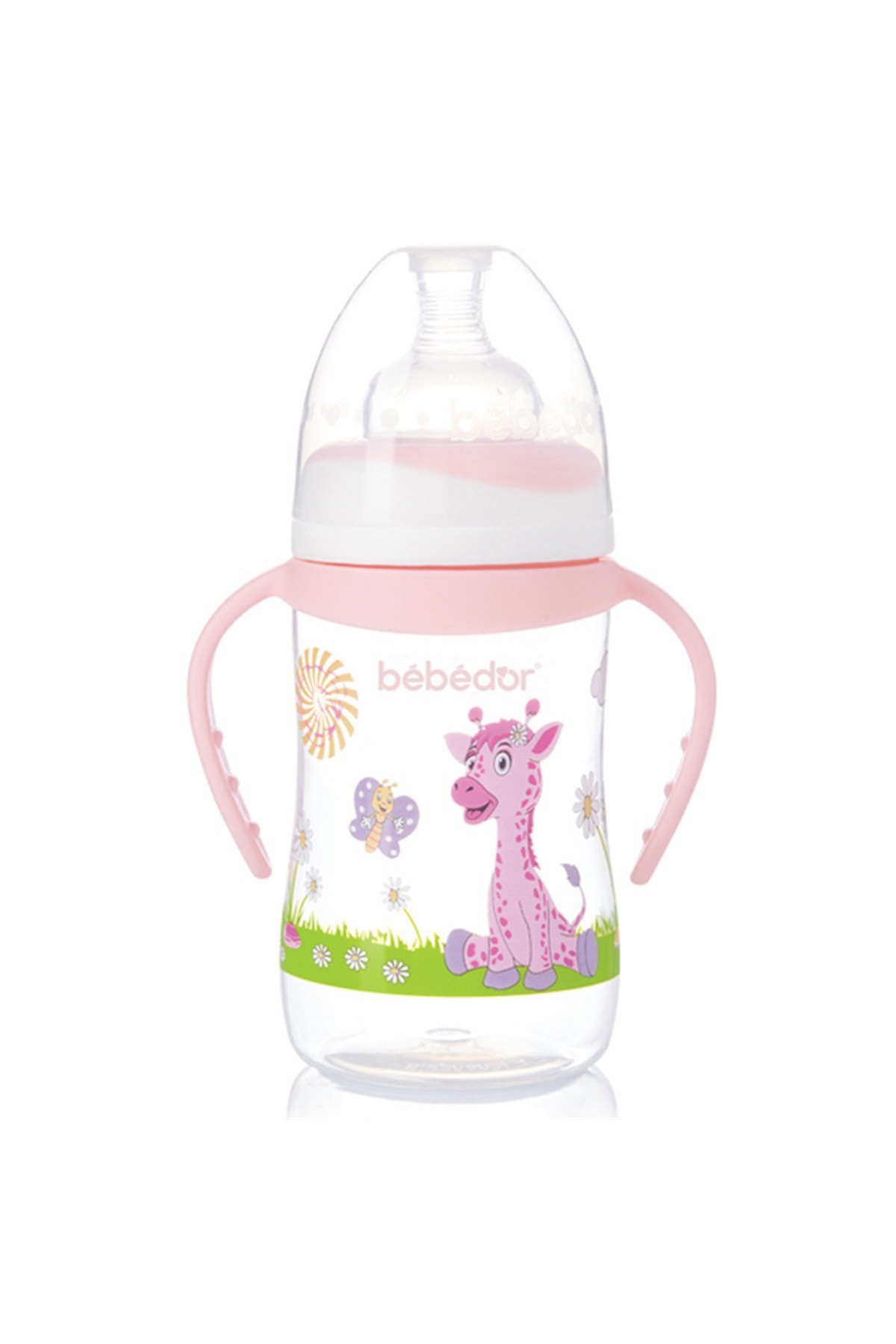 Bebedor B-89322 Desenli Geniş Ağız Kulplu Biberon 250 Ml Pembe