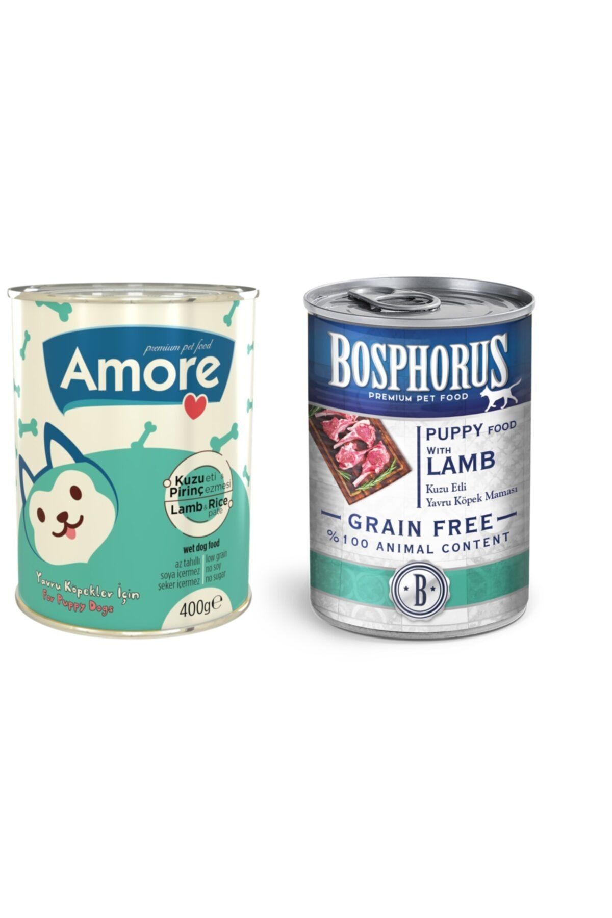 AMORE Puppy Pate Kuzu Etli Pirinçli 15x400gr + Bosphorus Puppy Kuzu Etli Konserve 3x415gr