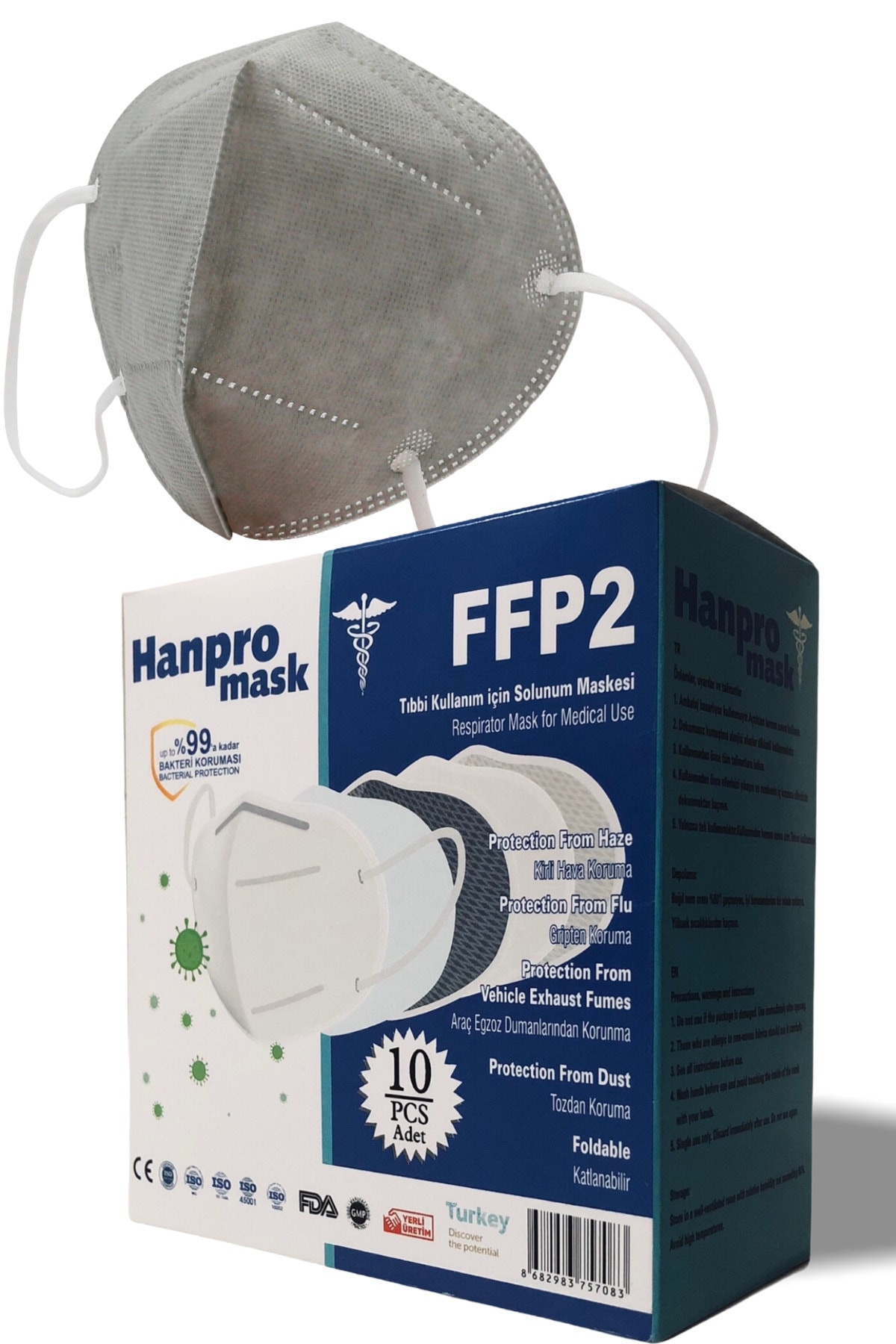 hanpromask Ffp2 Maske Gri Renk 10'lu x 10 Paket