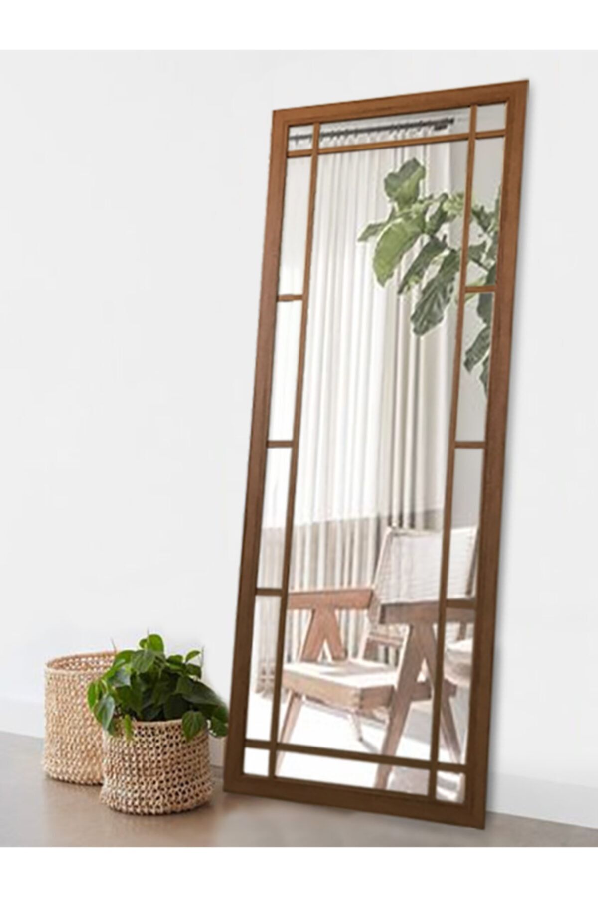 Hüma's Teak Rengi Ahşap Grid Dekoratif Boy ve Duvar Aynası 180 X 70 cm
