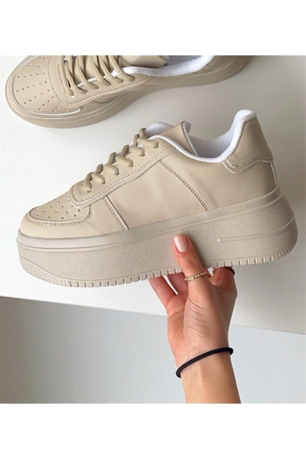 NAVYSIDE Kadın Bej Sneaker Yüksek Tabanlı 5 cm Spor Ayakkabı