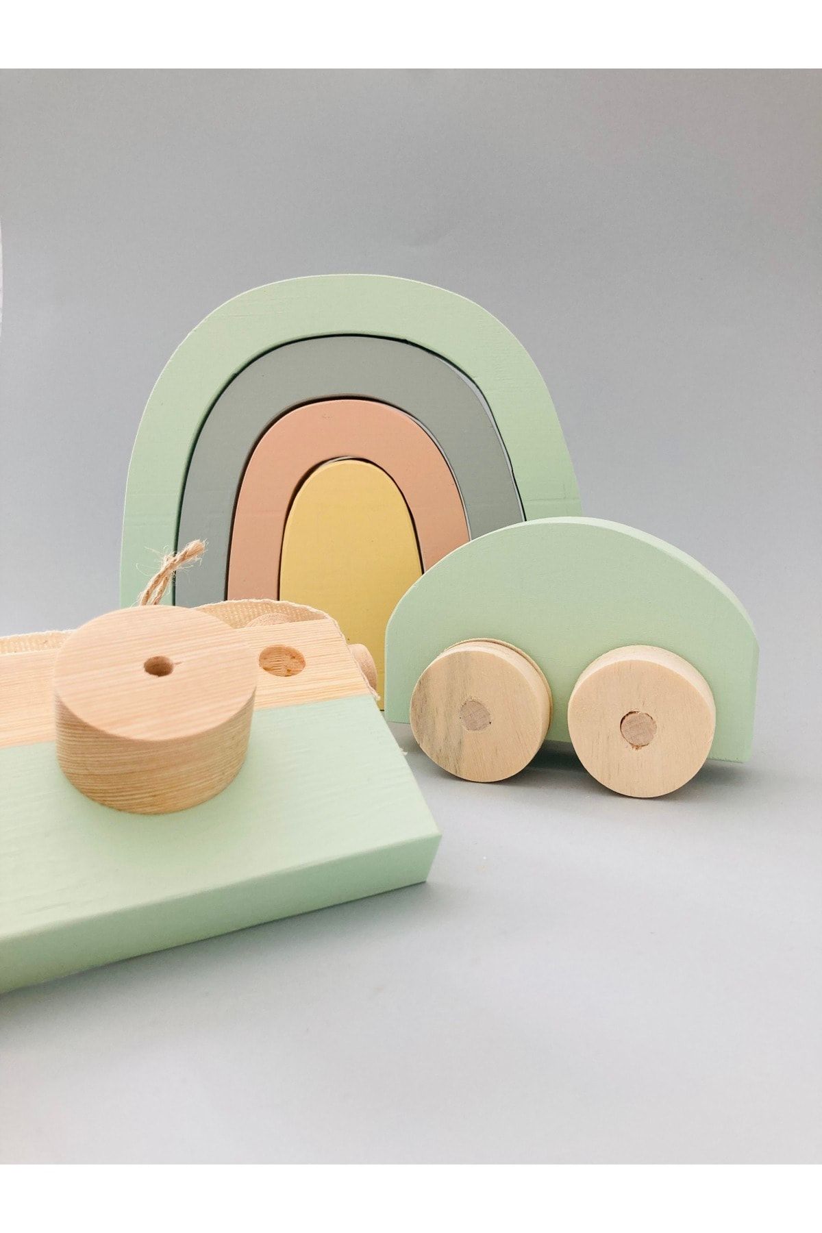 duruwoods Bahar Waldorf Gökkuşağı-eğitici Oyuncak- 4 Parça-ahşap Fotoğraf Makinesi-woswos Araba-pastel Yeşili