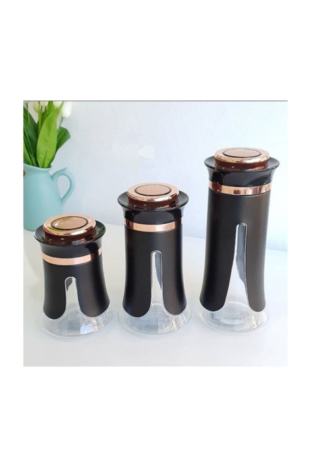 ACAR 3 Lü Cam-metal Vakumlu Lüx Kavanoz Baharat Seti Siyah Bronz