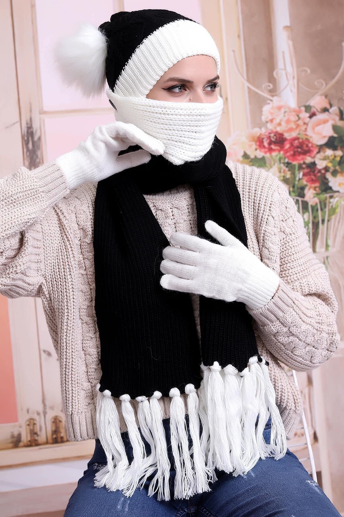 Deafox Siyah Beyaz Maske Detaylı Atkı Bere Eldiven Takımı