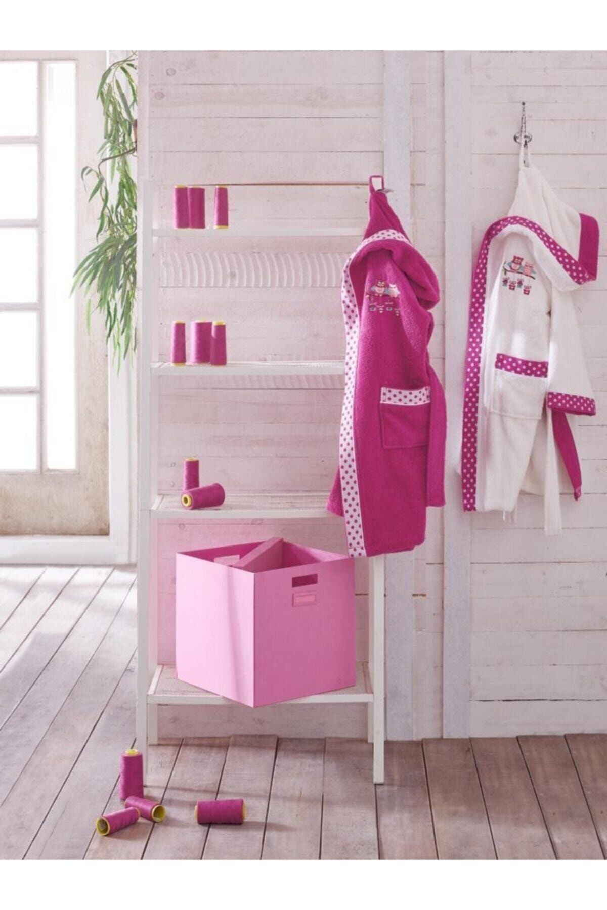 Ecocotton Little Bird Kız Çocuk Bornozu Fuşya Krem 7 8 Yaş