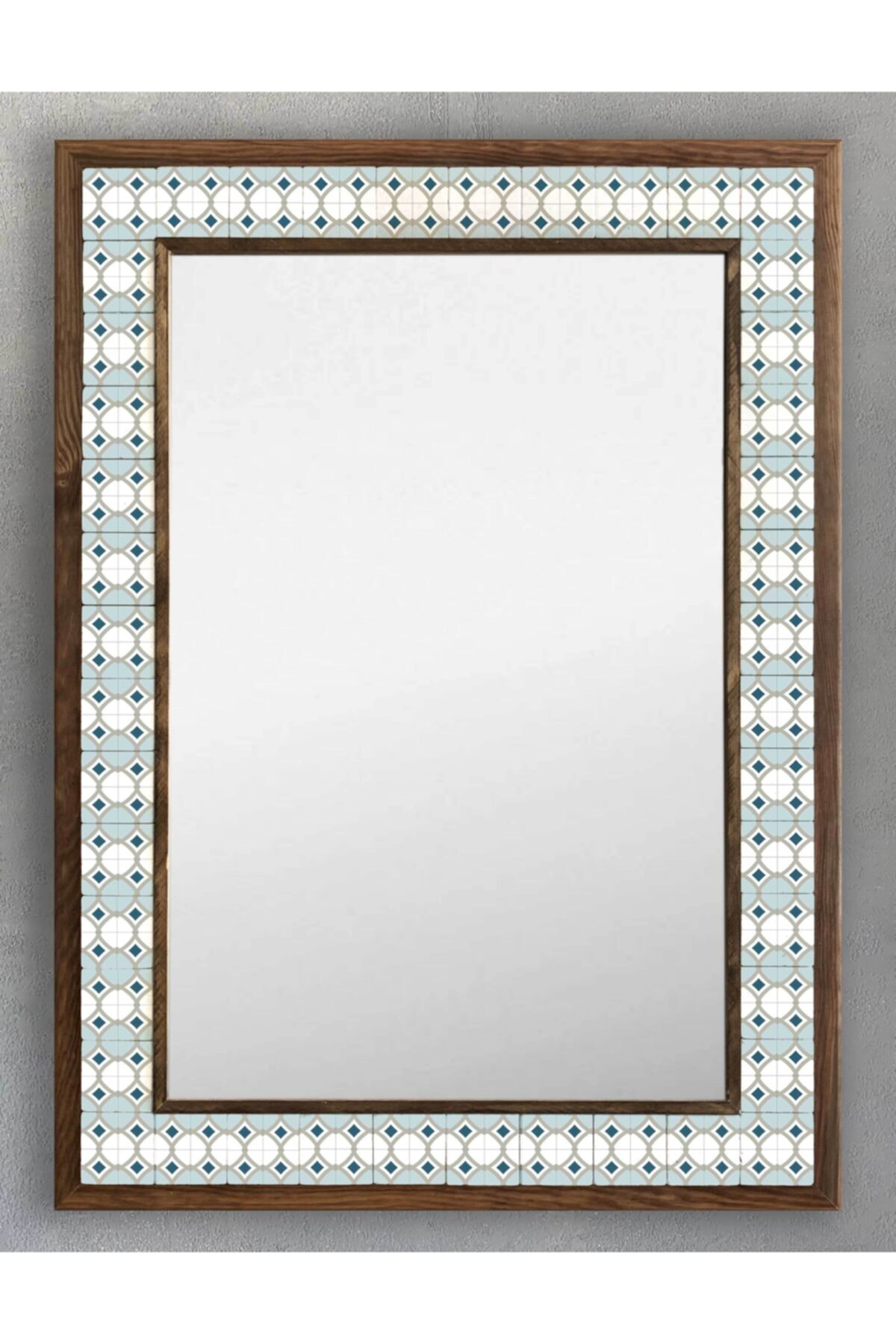 Oscar Stone Decor Ahşap Çerçeveli Mozaik (mermer) Ayna 53x73 Cm Seramik Desenli-turkuaz Temalı