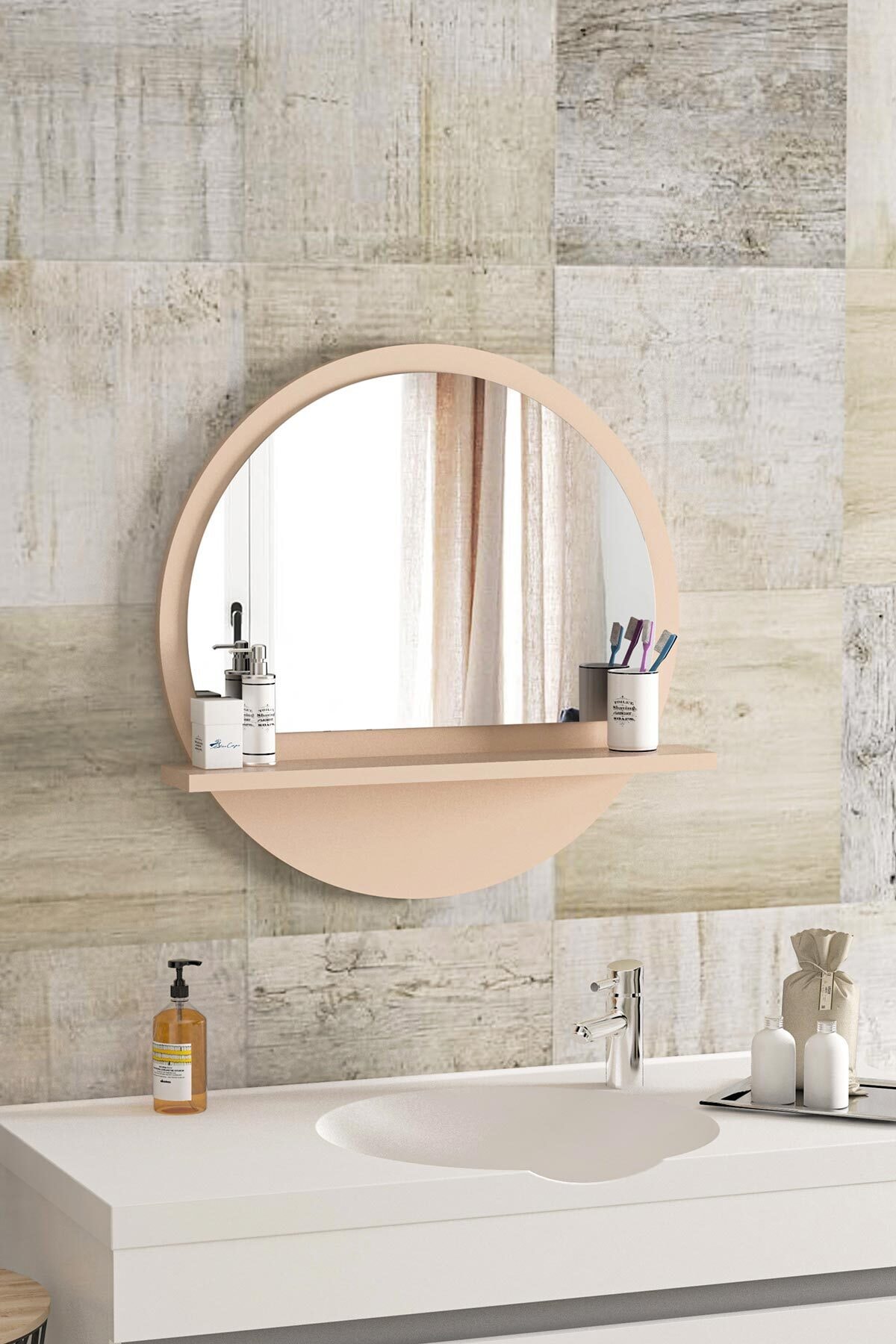 bluecape Yuvarlak Raflı Ayna 45cm Cappucino Dresuar Hol Koridor Salon Banyo Wc Ofis Çocuk Yatak Odası Boy