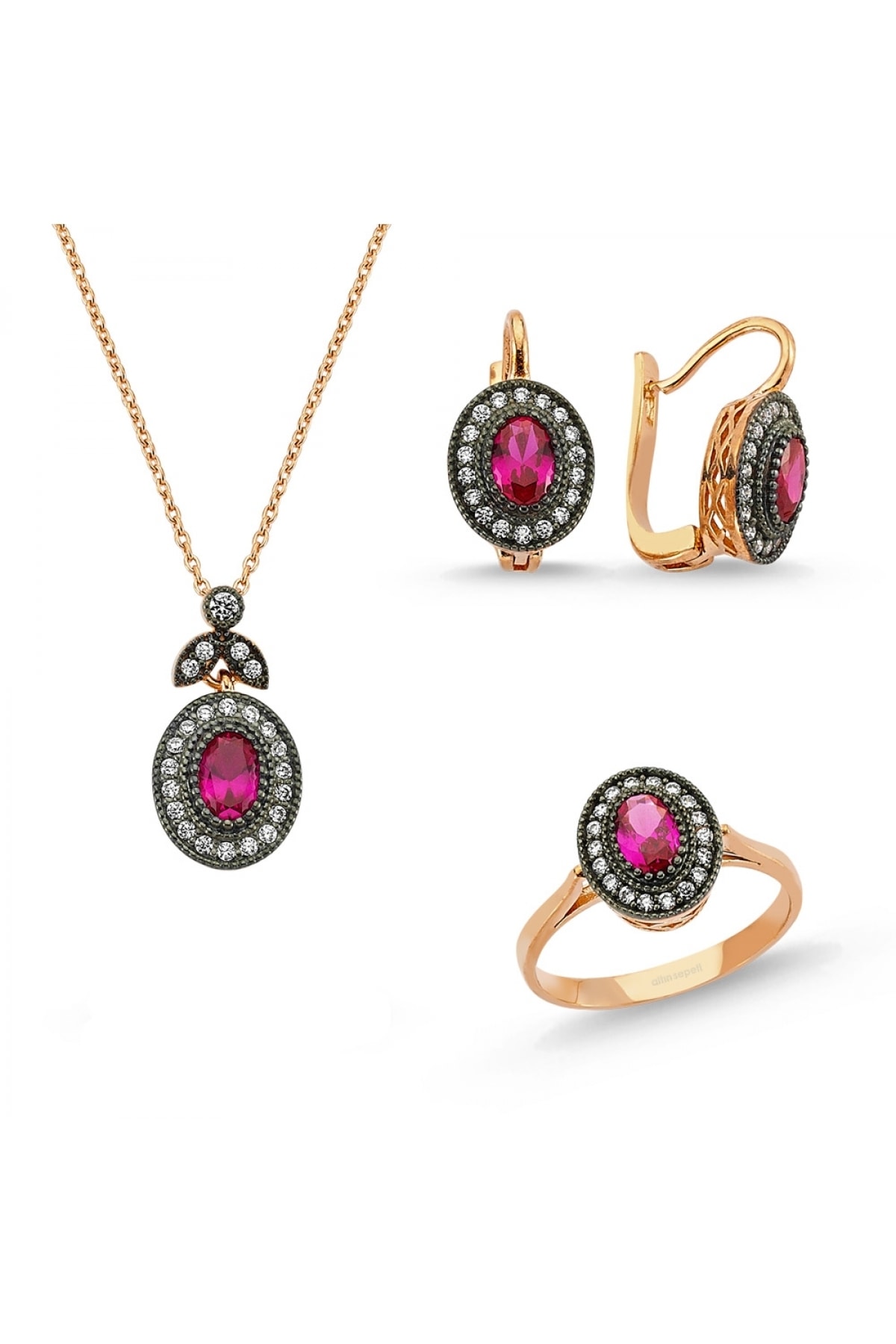 Altın Sepeti Altın Yakut Kırmızısı Taşlı Takım