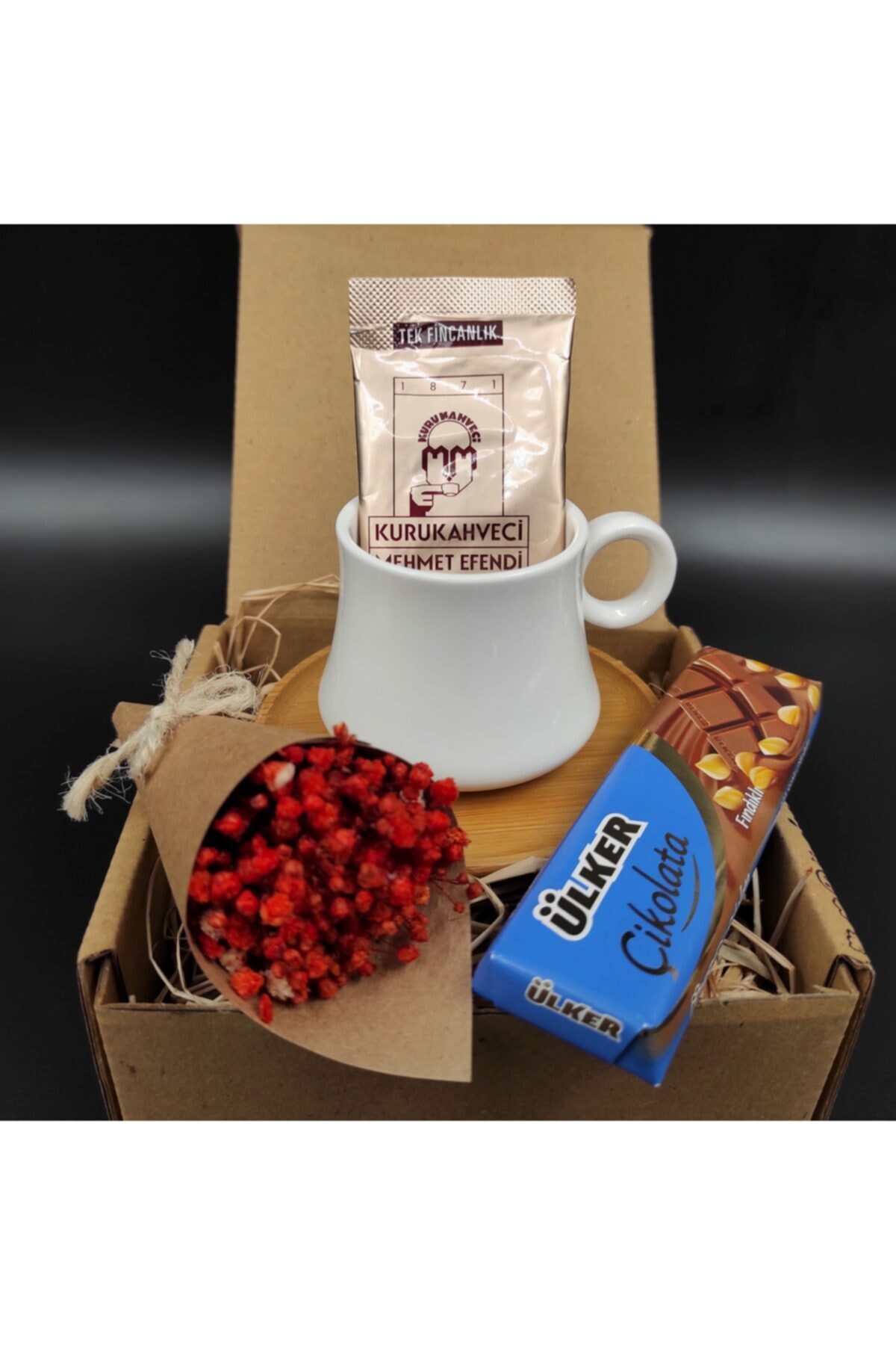Bonitagift Bambu Tabaklı Tekli Fincan& Turuncu Kuru Çiçek& Fındıklı Çikolata& Tek Içimlik Kahve Hediye Seti