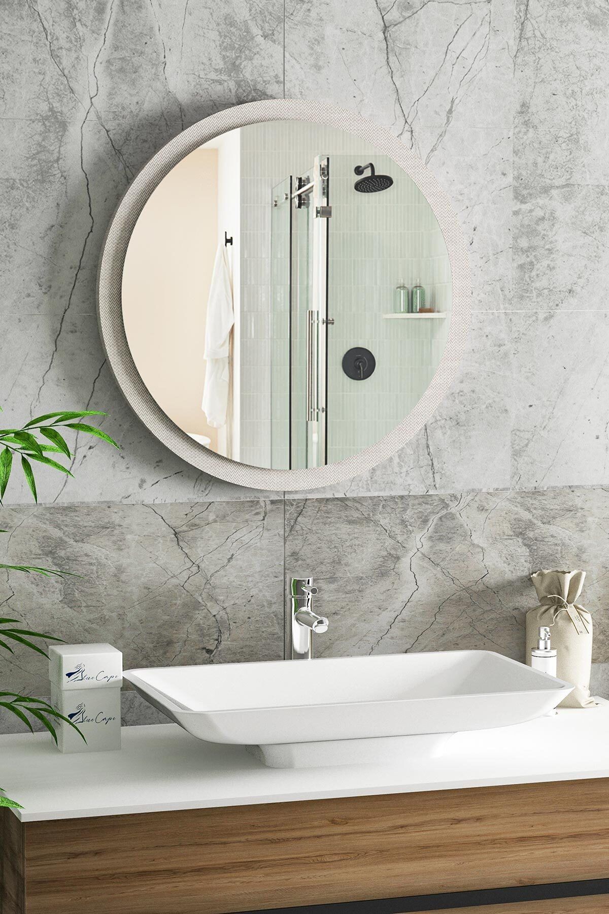 bluecape Yuvarlak Ayna 45cm Gri Chevron Dresuar Hol Koridor Duvar Salon Banyo Wc Ofis Çocuk Yatak Odası Boy