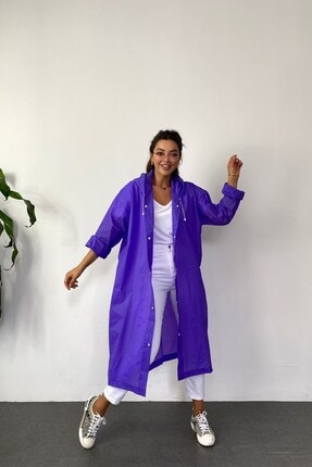 Kadın Mor Çıt Çıt Detay Şeffaf Yağmurluk Image 0