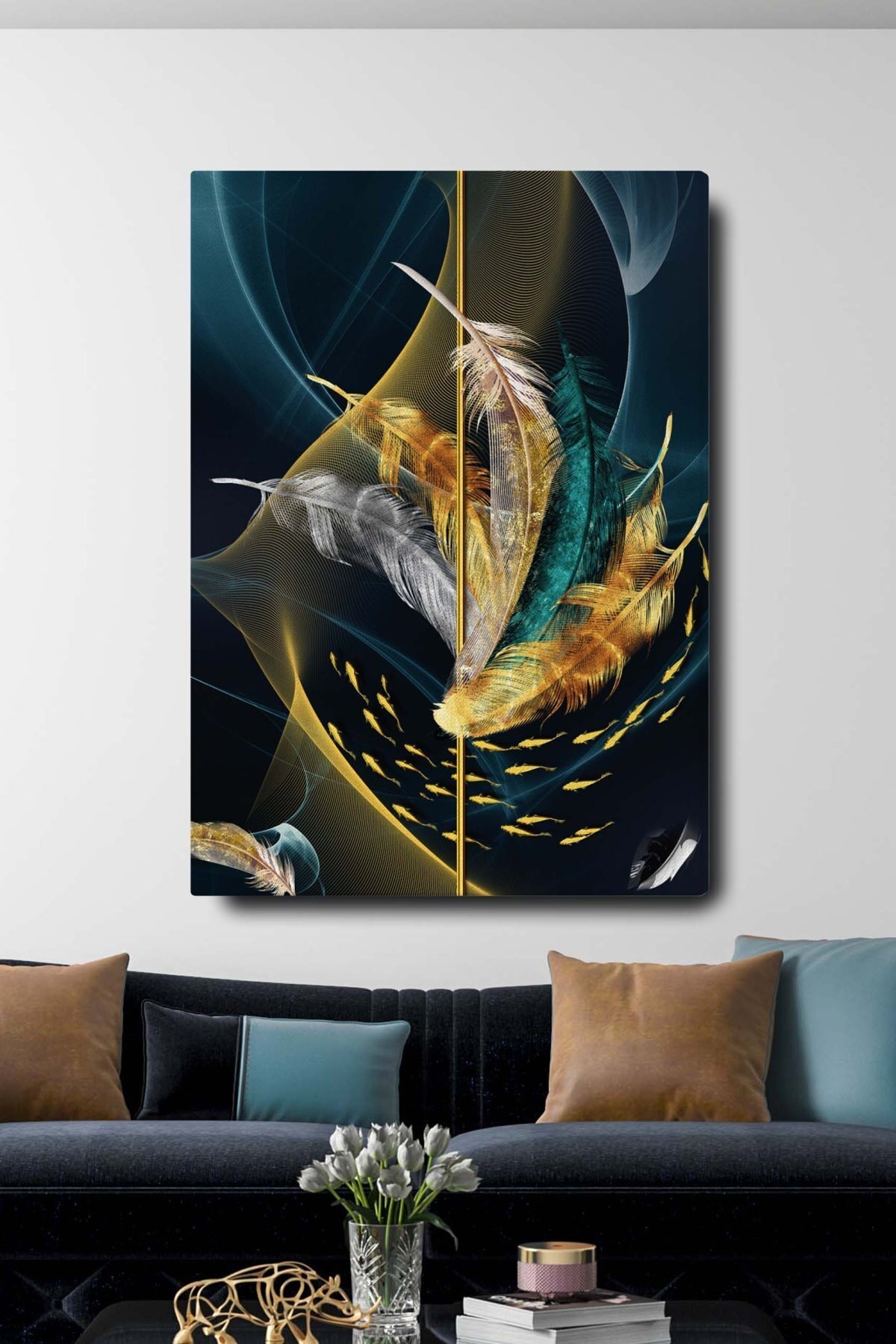 Blok Design Dekoratif Soyut Altın Balıklar Sürreal Kanvas Duvar Tablosu