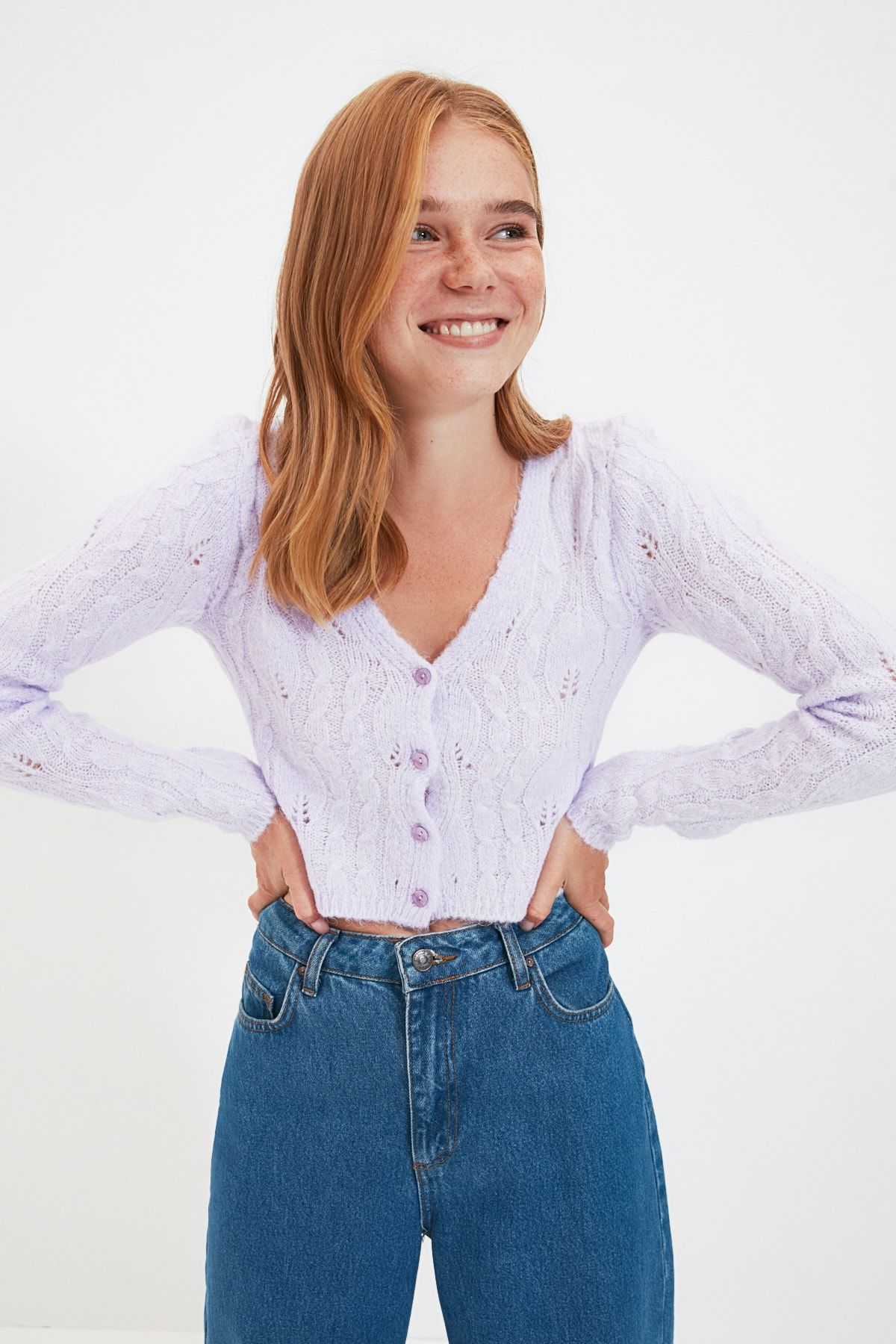 TRENDYOLMİLLA Lila Ajurlu Crop Triko Hırka TWOAW22HI0319
