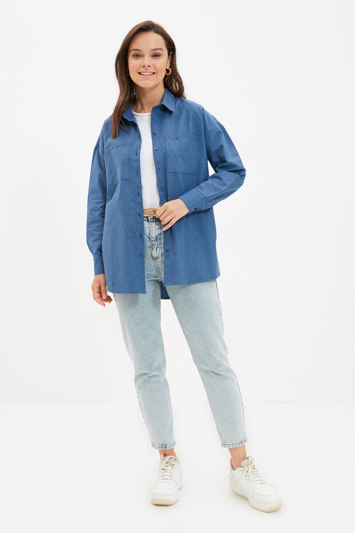 Trendyol Modest Indigo Gömlek Yaka Tunik TCTAW22UK0085