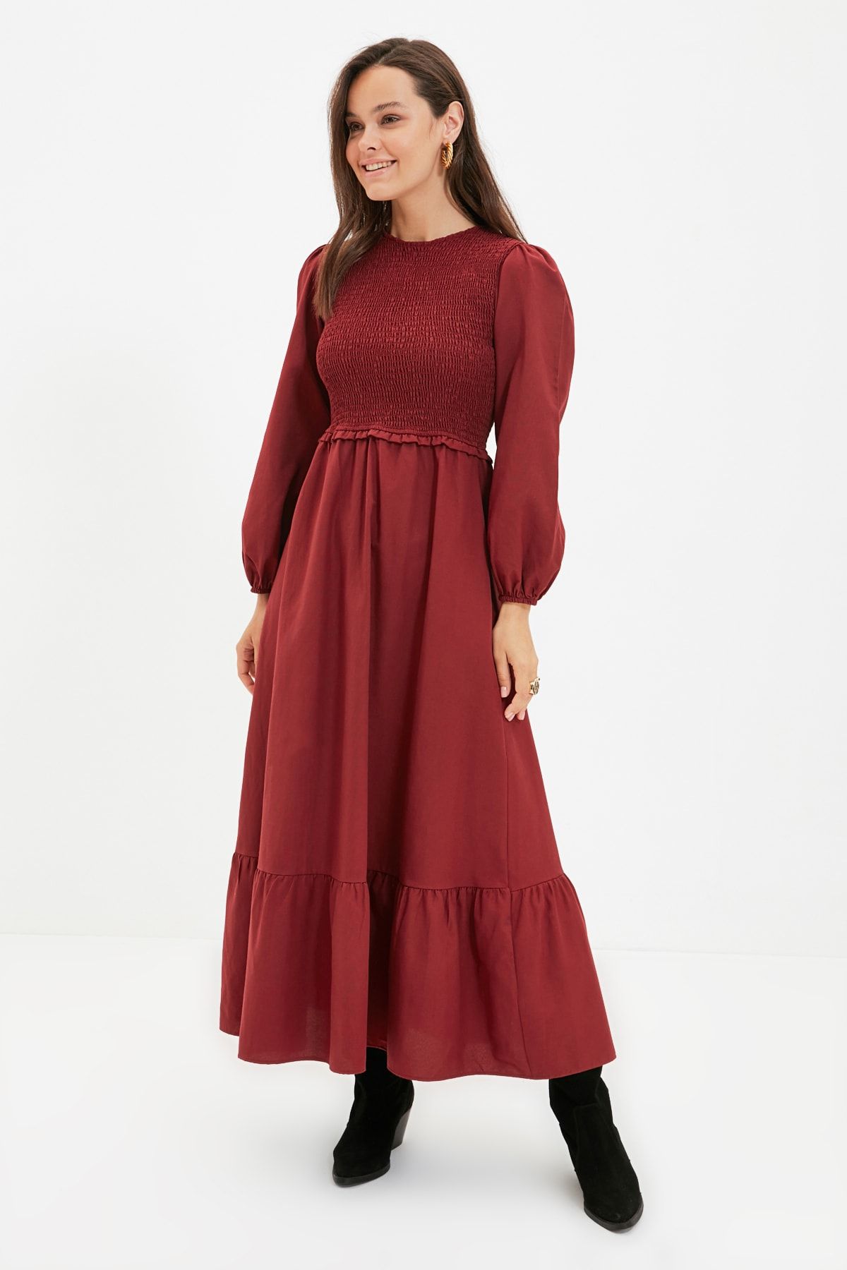 Trendyol Modest Bordo Bisiklet Yaka Gipe Detaylı Elbise TCTAW22EB0109