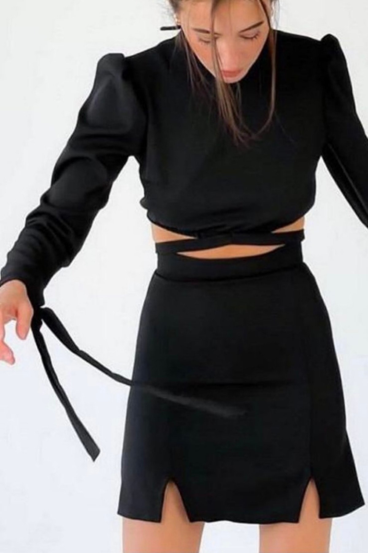 CALALUNA Kadın Siyah Yırtmaçlı Mini Etek Crop Bluz Takım