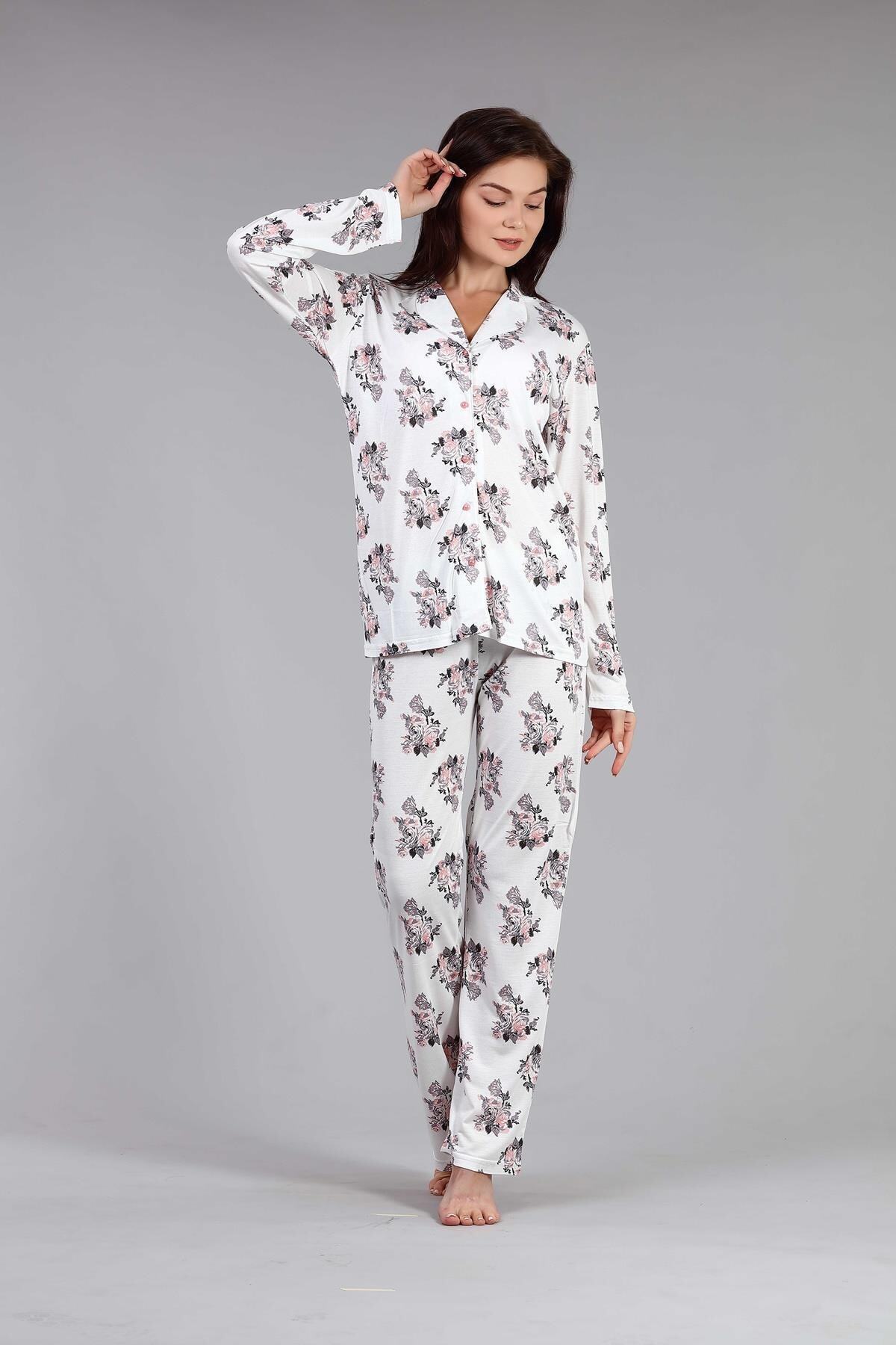 Lohussa Kadın Ekru Desenli Battal Büyük Beden Önden Düğmeli Pijama Takımı