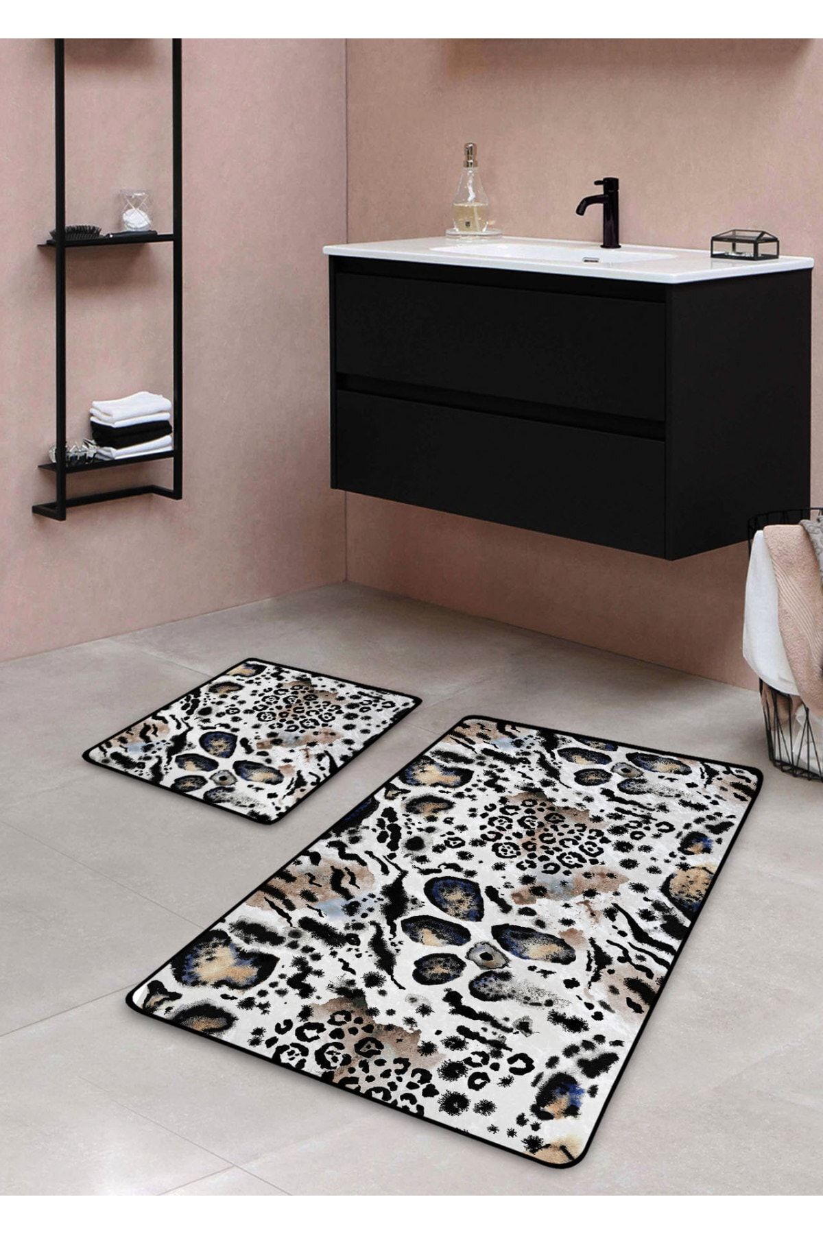 Pilloveland Kaymaz Taban Yıkanabilir 2’li Banyo Paspası - Animal Print Desenli 60*100 Cm - 50*60 Cm