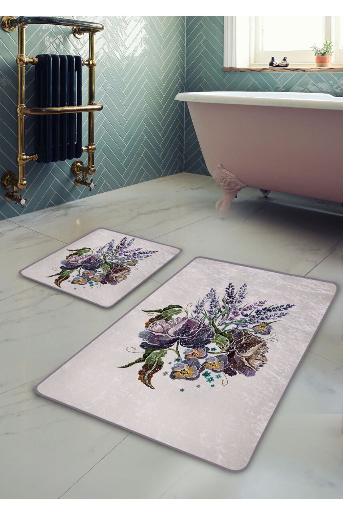 Pilloveland Kaymaz Taban Yıkanabilir 2’li Banyo Paspası - Menekşe Nakışı Desenli 60*100 Cm - 50*60 Cm