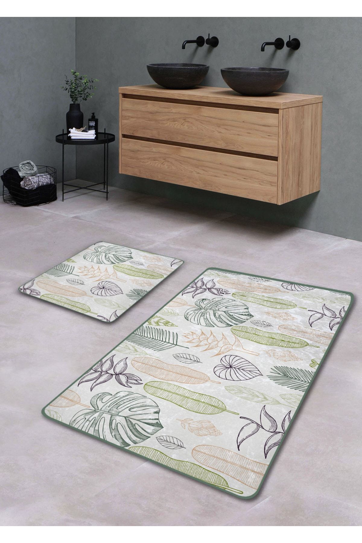 Pilloveland Kaymaz Taban Yıkanabilir 2’li Banyo Paspası - Bitki Desenli 60*100 Cm - 50*60 Cm