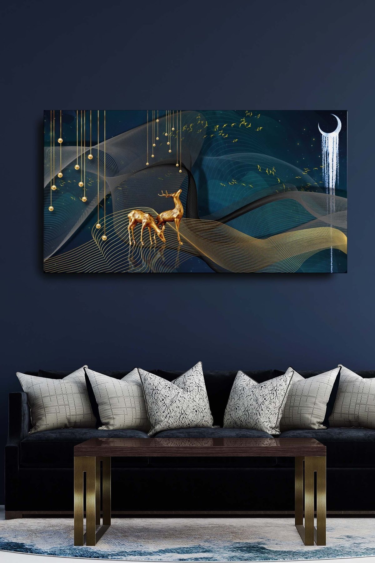 Blok Design Dekoratif Soyut Altın Geyik Ve Kuşlar Sürreal Kanvas Duvar Tablosu 120x60cm Büyük Boy Tablo