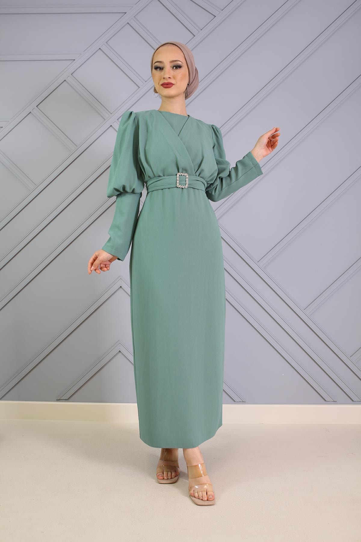 Şule Giyim Balon Kol Taş Kemerli Abiye Mint