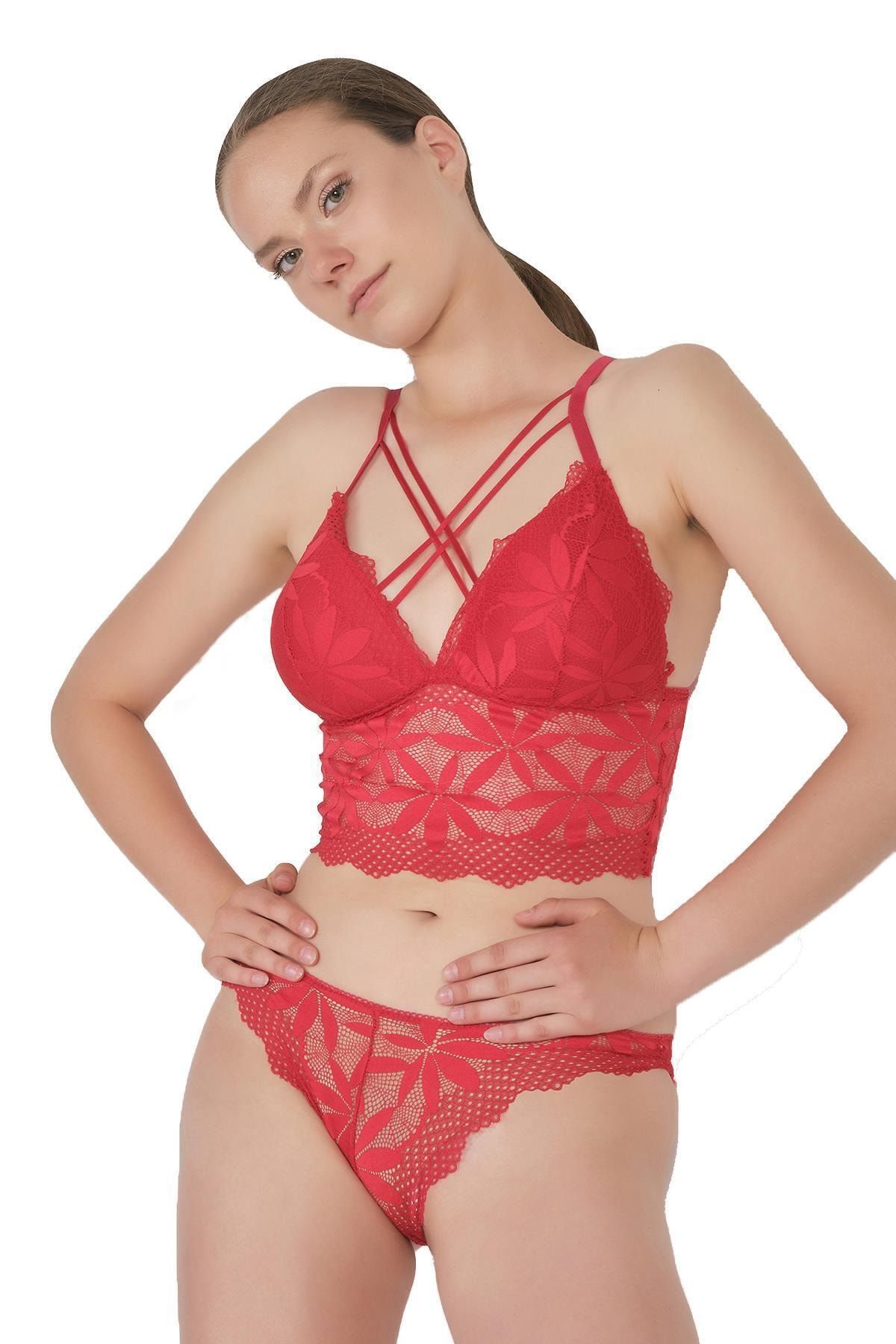 Elif İç Giyim Kadın Çiçek Dantelli Büstiyerli Önü Çapraz Push-up Bralet Takım