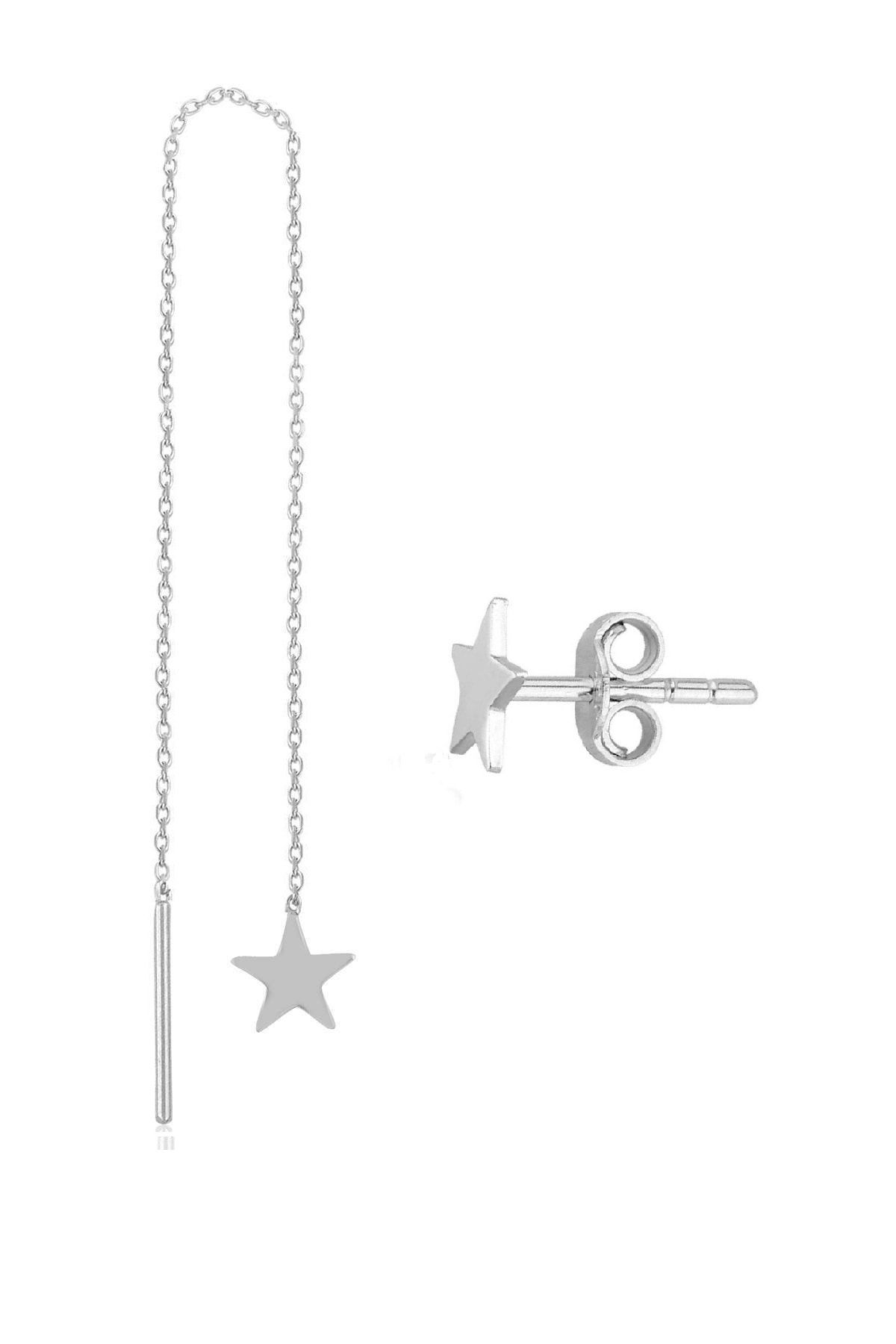 Trend Silver 925 Ayar Gümüş Kombin Rodyumlu Sallantılı Zincir Yıldız Küpe Ve Çivili Yıldız Küpe