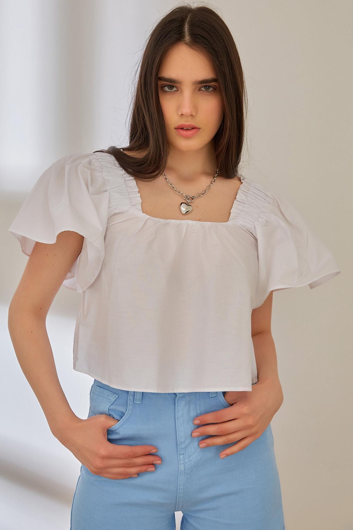 Miyore Kare Yaka Poplin Bluz- Beyaz