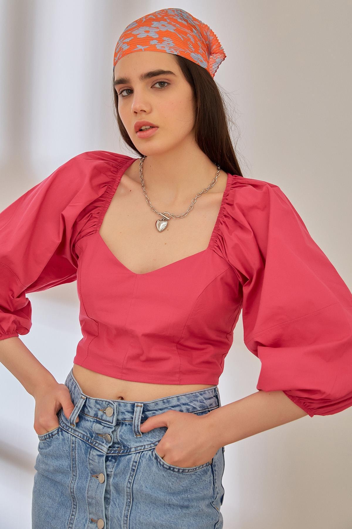 Miyore Balon Kol Açık Yaka Bluz- Pembe