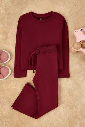 Bordo Düz/Basic Esnek Bisiklet Yaka Regular Örme Kız Çocuk Taytlı Alt - Üst Takım TKDAW26AU00010 Image 1