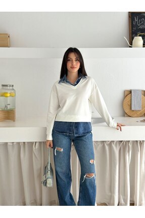 Kadın Kot Detaylı 2iplik sweatshirt Image 3