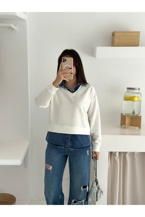 Kadın Kot Detaylı 2iplik sweatshirt Image 6