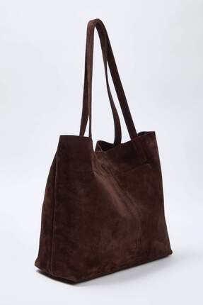 Koyu Kahverengi Premium Hakiki Deri Süet Kadın Maksi Boy Omuz Çantası TAKAW26OC00041 Image 0