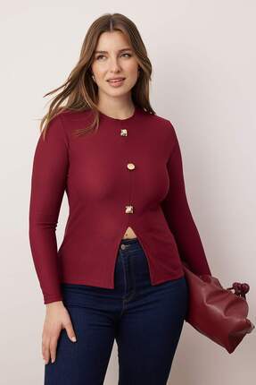 Bordo Aksesuar Düğmeli Uzun Kol Fitilli Örme Büyük Beden Bluz TBBAW26AF00078 Image 0