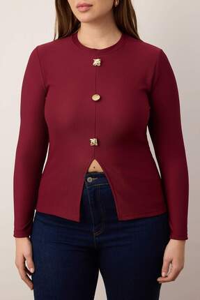 Bordo Aksesuar Düğmeli Uzun Kol Fitilli Örme Büyük Beden Bluz TBBAW26AF00078 Image 2