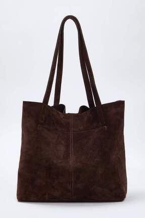 Koyu Kahverengi Premium Hakiki Deri Süet Kadın Maksi Boy Omuz Çantası TAKAW26OC00041 Image 3