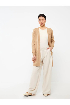 LCWAIKIKI Classic Kahverengi Şal Yaka Düz Uzun Kollu Kadın Triko Hırka Image 2