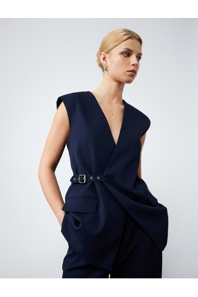Kolsuz Cepli Yarım Kemer Detaylı Kruvaze Uzun Yelek Image 1