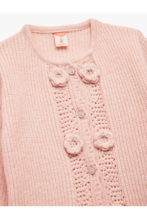 Aplike Gül Detaylı Uzun Kollu Bisiklet Yaka Düğmeli Triko Hırka Image 2