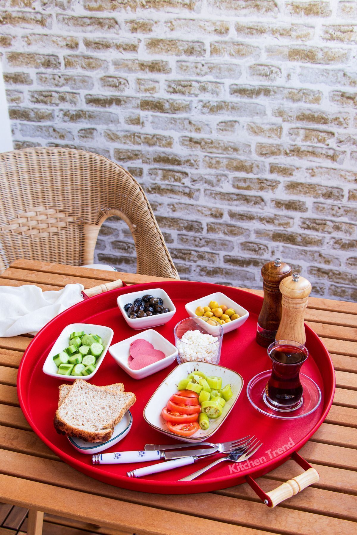 سینی 2 لیتری 51 سانتی متری و 37 سانتی متری چوبی سینی ارائه سینی گرد قرمز فلزی، صبحانه