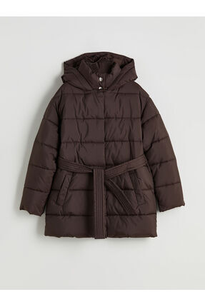 Kapüşonlu Beli Kuşaklı Kadın Şişme Mont Image 5