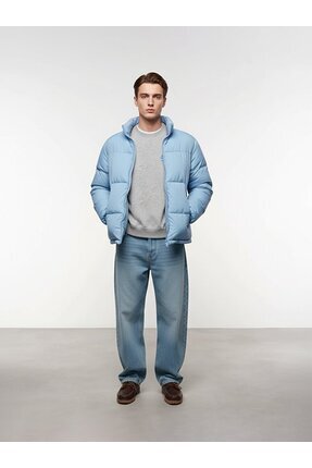 Uzun Kollu Fermuarlı Şişme Mavi Mont Image 0