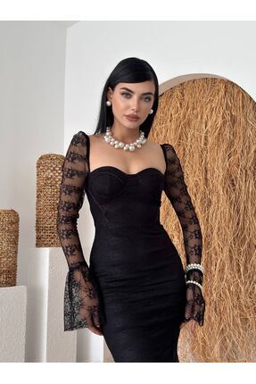 Kadın Siyah Kalp Yaka Dantel Detay Balık Uzun Abiye Elbise Image 1